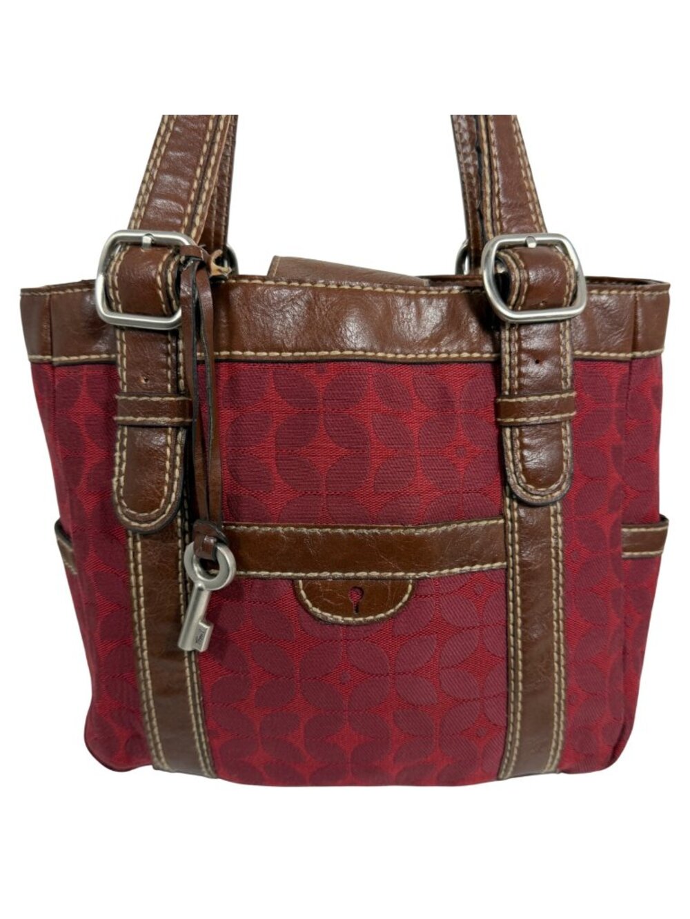 Vintage Fossil Red Jacquard Brown Leather Trim Shoulder Bag Tote + Key Charm